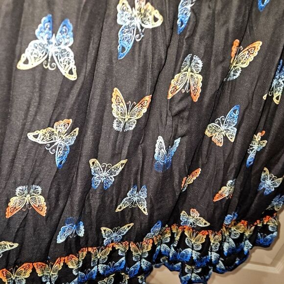 #214 EVANS multicolored butterflies on black Crinkle High-low Dress - Picture 5 of 9